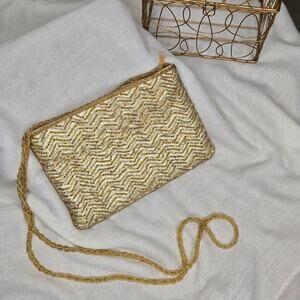 LA REGALE Vintage Gold Herringbone Beaded Womens Purse